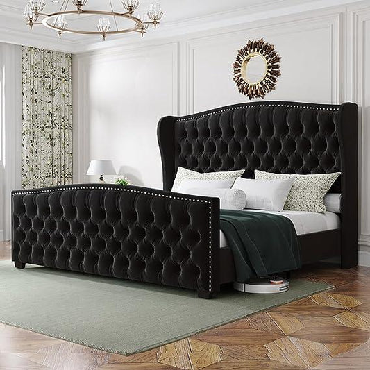 Luxury Velvet Tufted Wingback Bed Frame